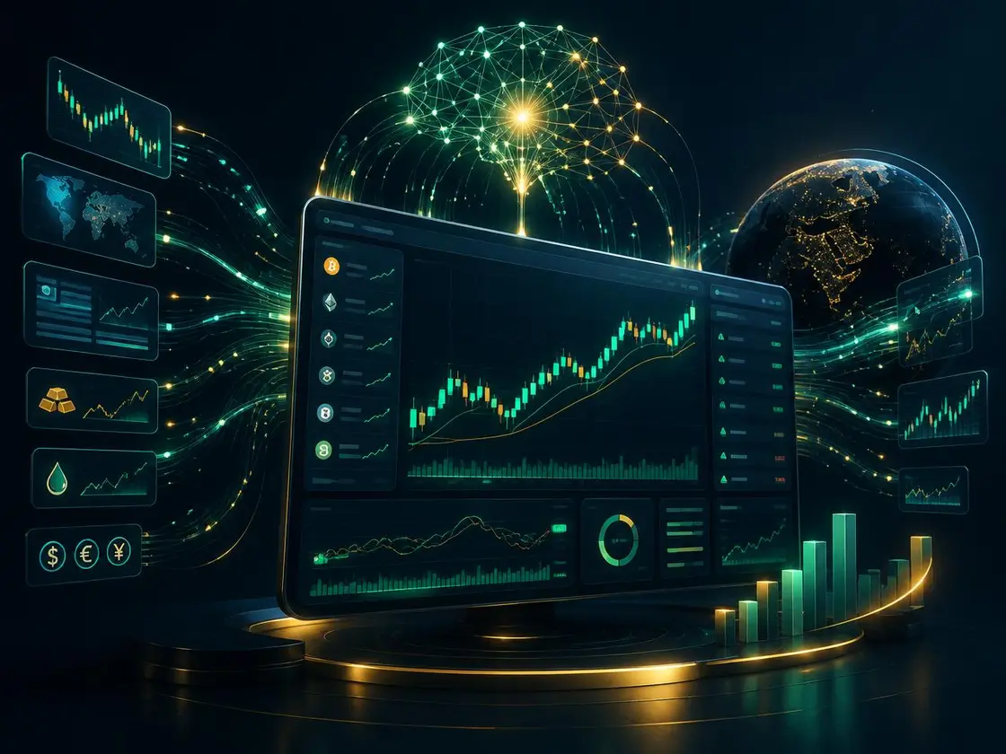Adler Quant AI trading app dashboard showing AI-analysed candlestick charts across crypto, forex and commodities